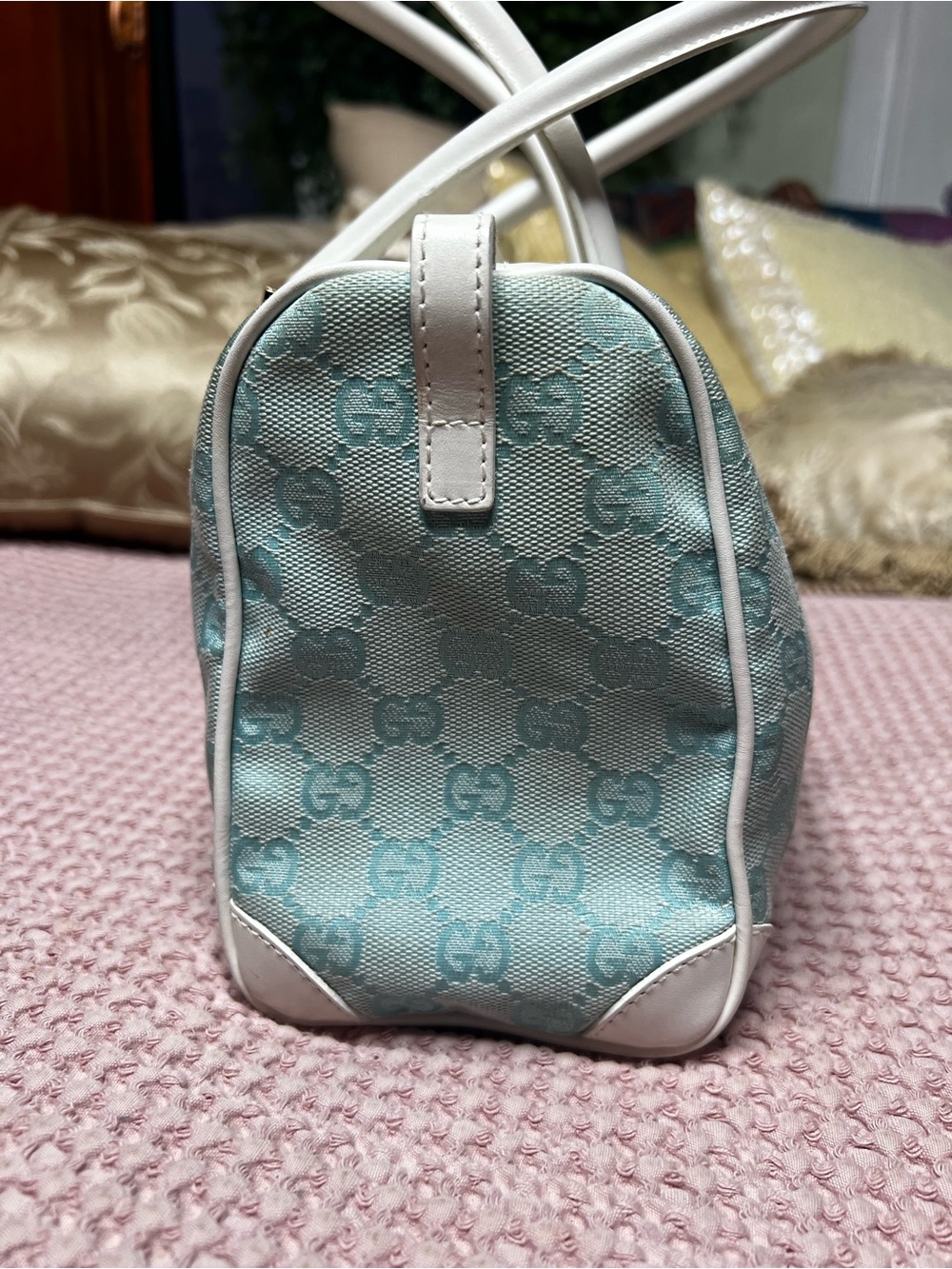 Gucci Vintage Light Blue/Teal GG Canvas Boston Satchel Bag - Picture 4 of 13